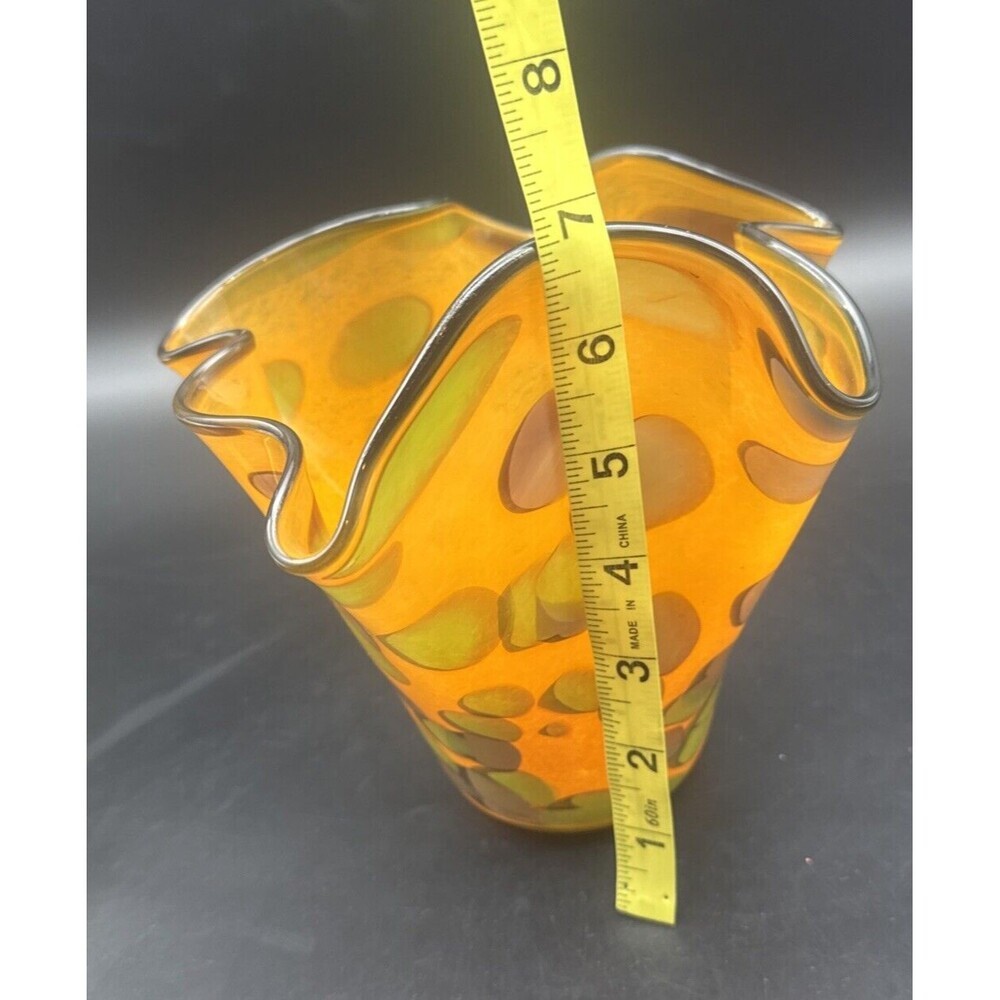 Jariufatoy Glass By Youghiogheny Art Glass ORANGE GREEN GRAY Handkerchief Vase - Picture 8 of 10